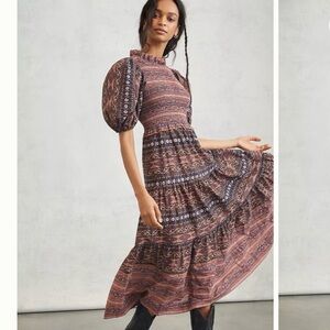 Othilia Anthropologie Bethanne Purple Smocked Bohemian Long Dress, Size Large